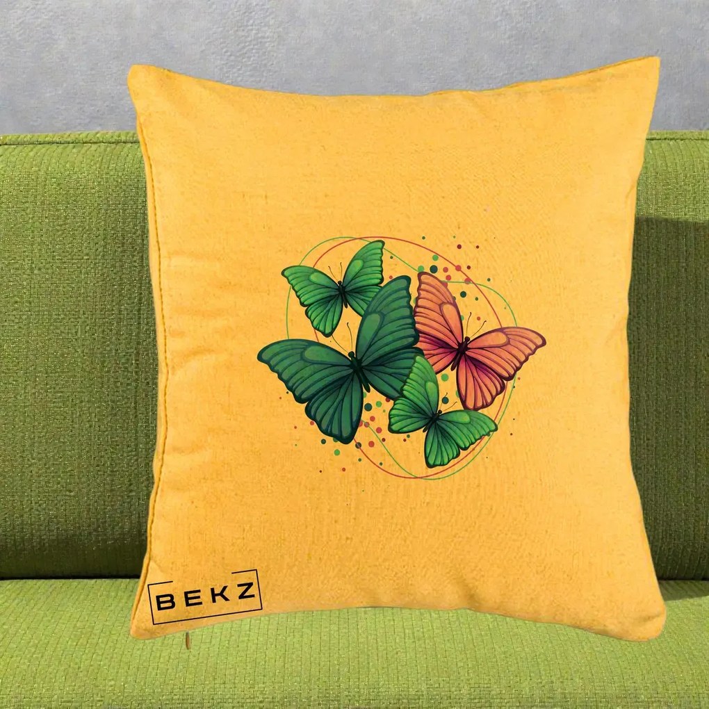 Perna Decorativa Patru Fluturi Turcoaz-Violet, 40x40 cm, Galben, Husa Detasabila, Perna Inclusa, BEKZ®