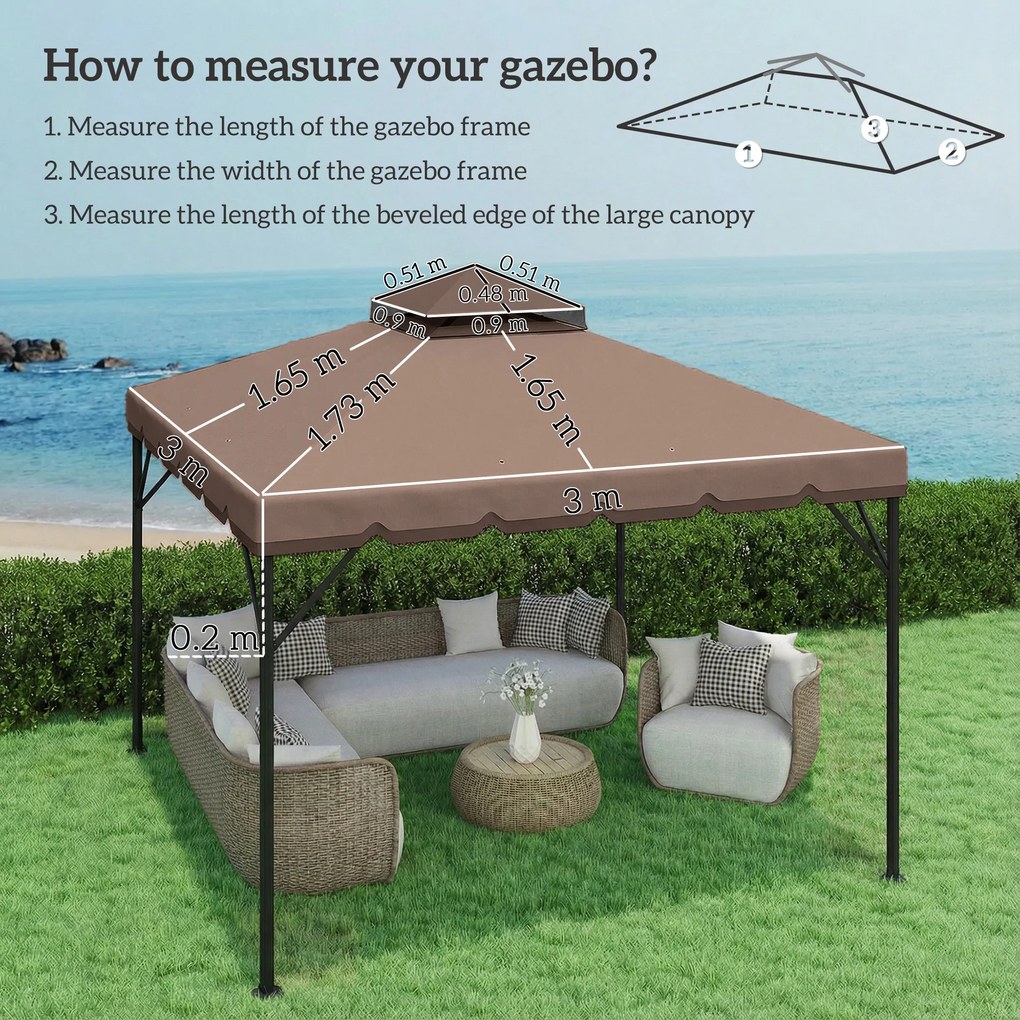 Outsunny Husă de Rezervă pentru Foișor 3x3 m din Grădină, Acoperiș Dublu Rezistent la Apă din Poliester 180g/㎡ Anti-UV 30+ cu 8 Găuri de Drenaj, Cașmir | Aosom Romania