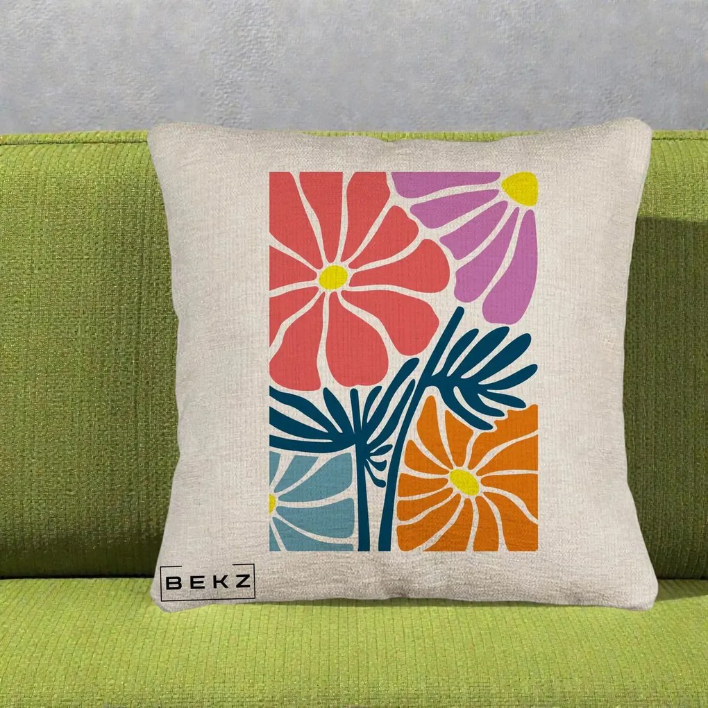 Perna Decorativa Flori Grafice Roz-Orange-Albastru, 40x40 cm, Bej Canapea, Husa Detasabila, Perna Inclusa, BEKZ®