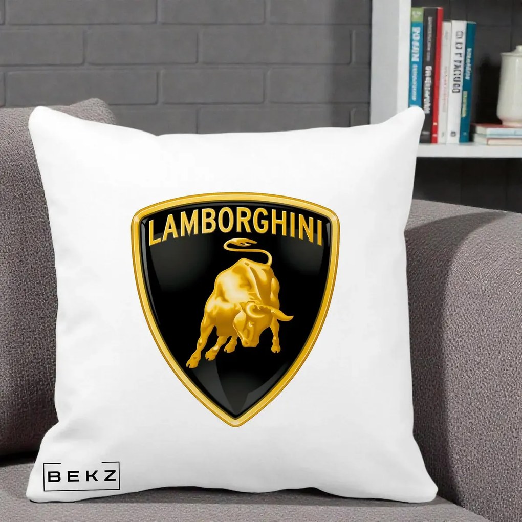 Perna Personalizata cu emblema Lamborghini, 40x40 cm, Alba Mata, Husa Detasabila, Perna Inclusa, BEKZ®