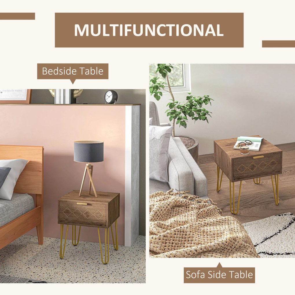 HOMCOM Noptiere Moderne Set 2 Bucati din PAL si Otel cu Sertar, 39.5x41x49 cm, Maro | Aosom Romania
