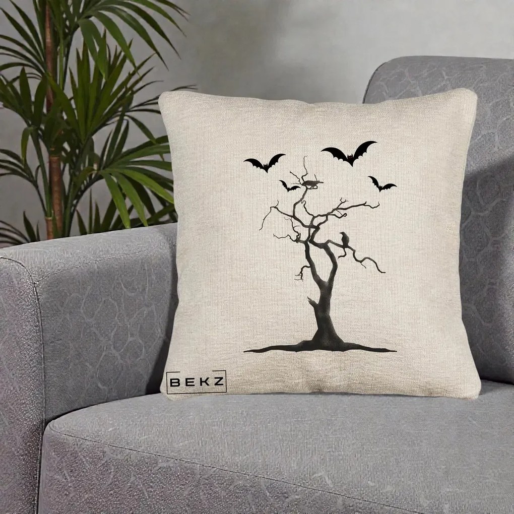 Perna Decorativa Halloween Copac cu Lilieci Alb-Negru, 40x40 cm, Bej Canapea, Husa Detasabila, Perna Inclusa, BEKZ®