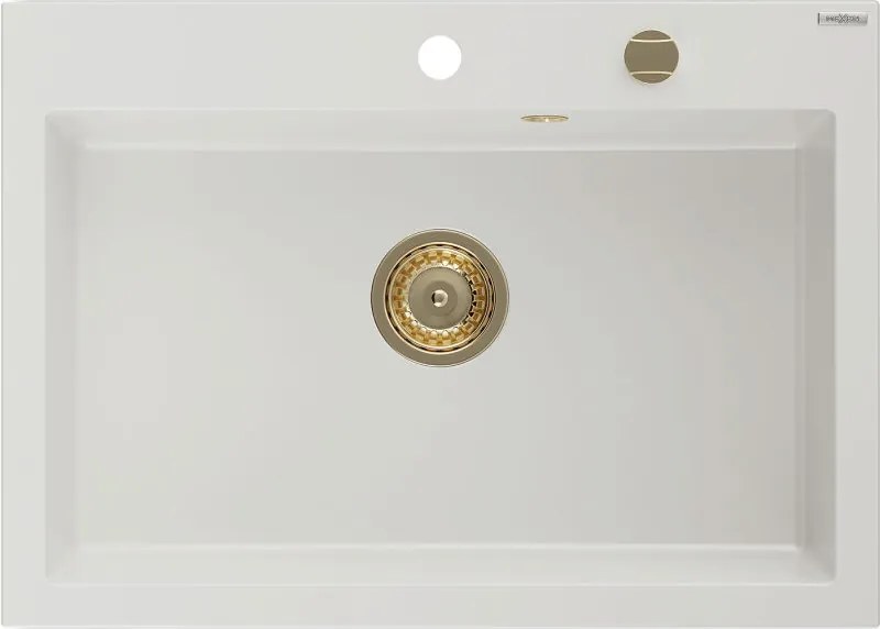 Mexen Elix chiuvetă din granit cu 1 compartiment 700 x 500 mm, albă, sifon auriu - 6526701005-20-G