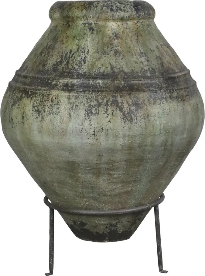 Vas decorativ pe suport din metal, verde, H 103.5 cm, aspect antichizat
