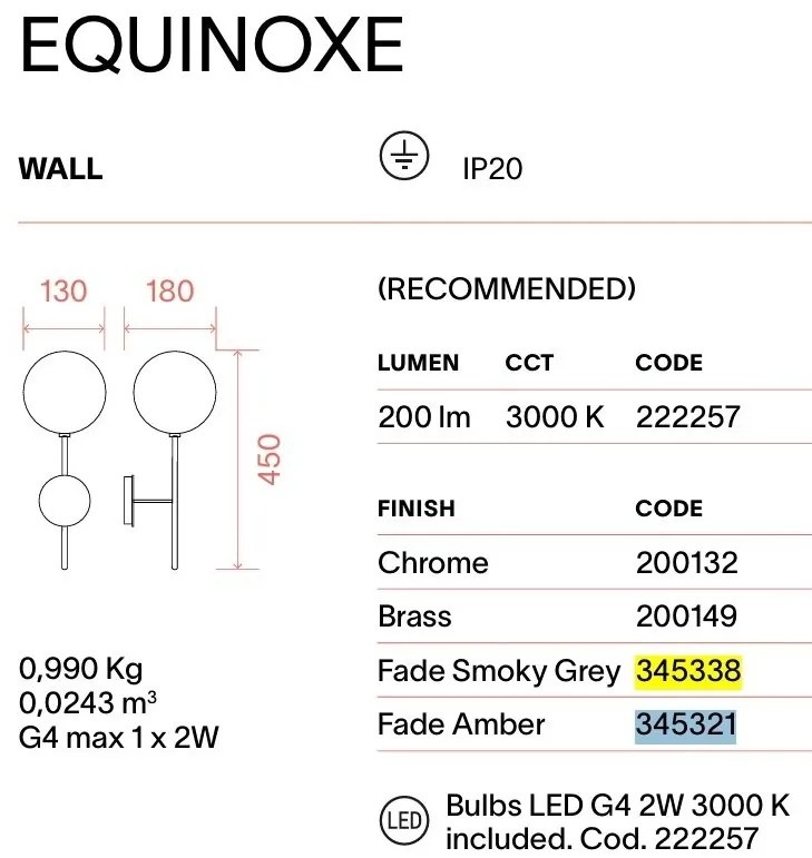 Aplica de perete EQUINOXE AP1 antique brass/ faded amber