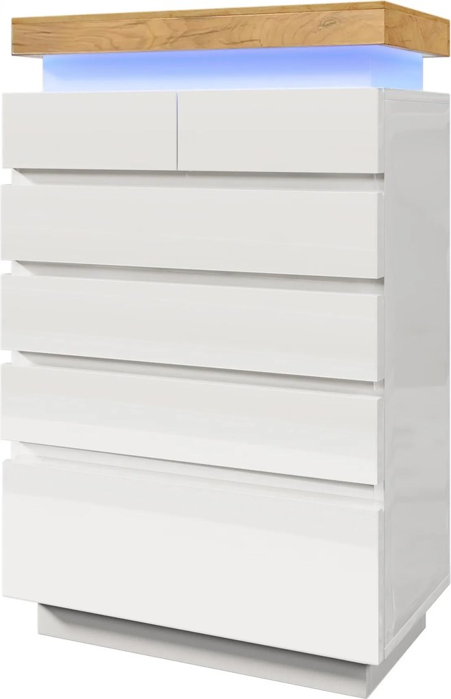 Comodă cu 6 sertare, iluminare LED, spațiu mare de depozitare, 73x39x115 cm, Alb