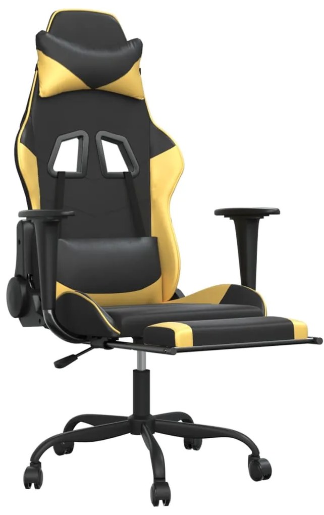 Scaun de gaming cu suport picioare negru auriu, piele ecologica 1, Negru si auriu, Cu suport de picioare