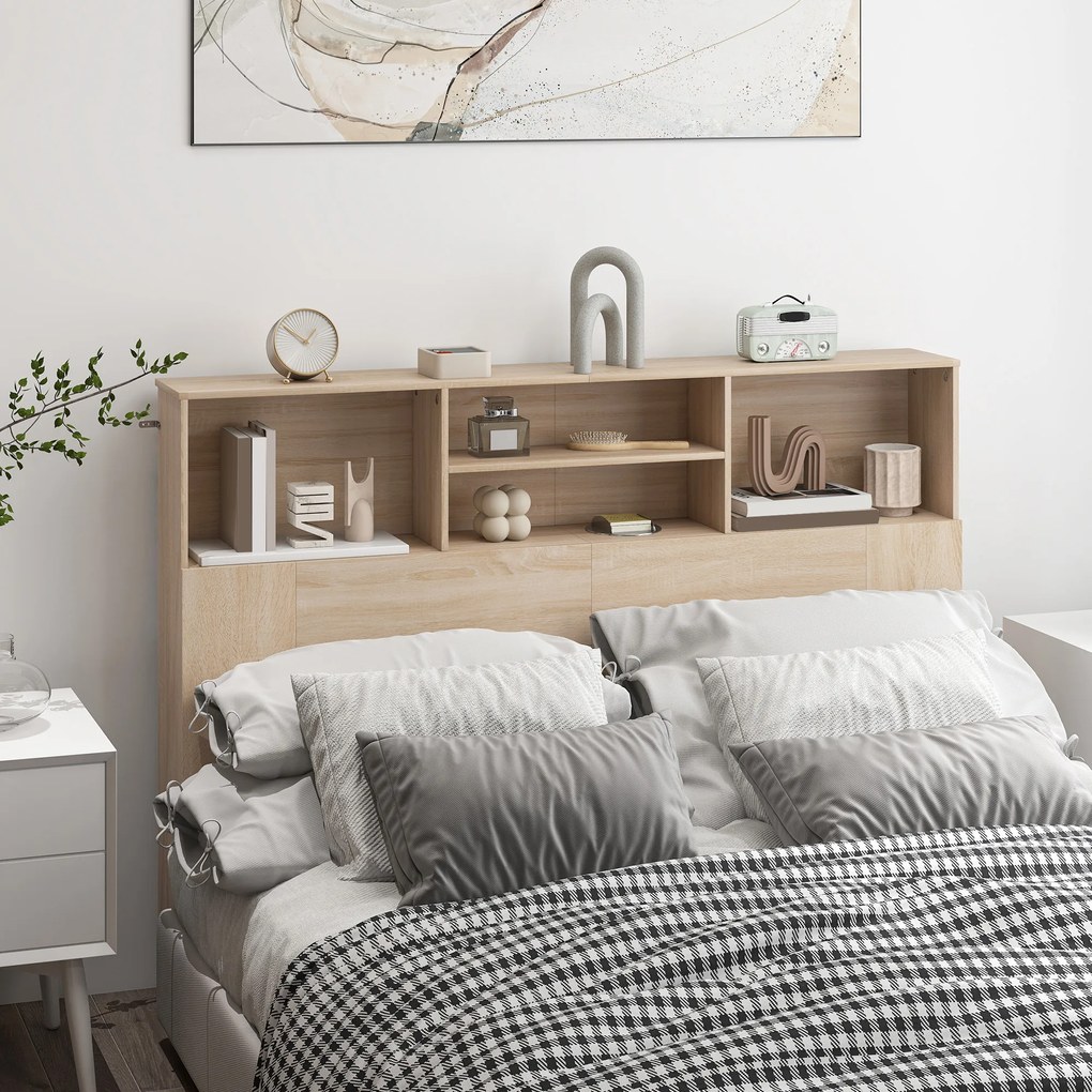 HOMCOM Tăblie pe picioare cu depozitare, accesoriu pentru pat cu 4 compartimente deschise, 140 x 19 x 103,5 cm, efect lemn natural | Aosom Romania