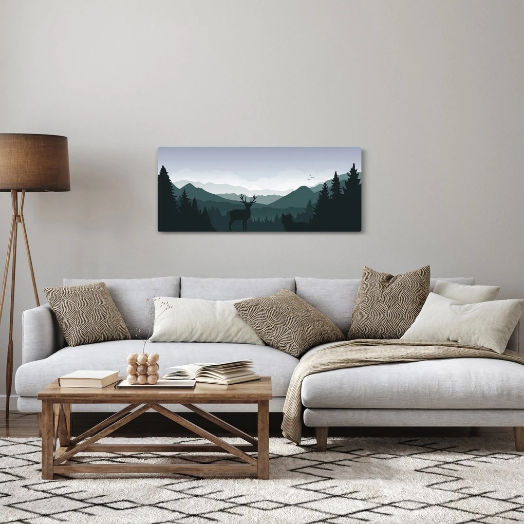 Tablou - Cerb cu lup pe stânci (120x50 cm)