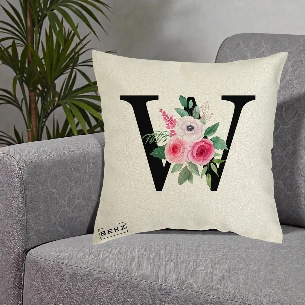 Cadou Personalizat - Perna Personalizata Monograma Florala Litera W cu Trandafiri si Anemona, 40x40 cm, Ecru, Husa Detasabila, Perna Inclusa, BEKZ®