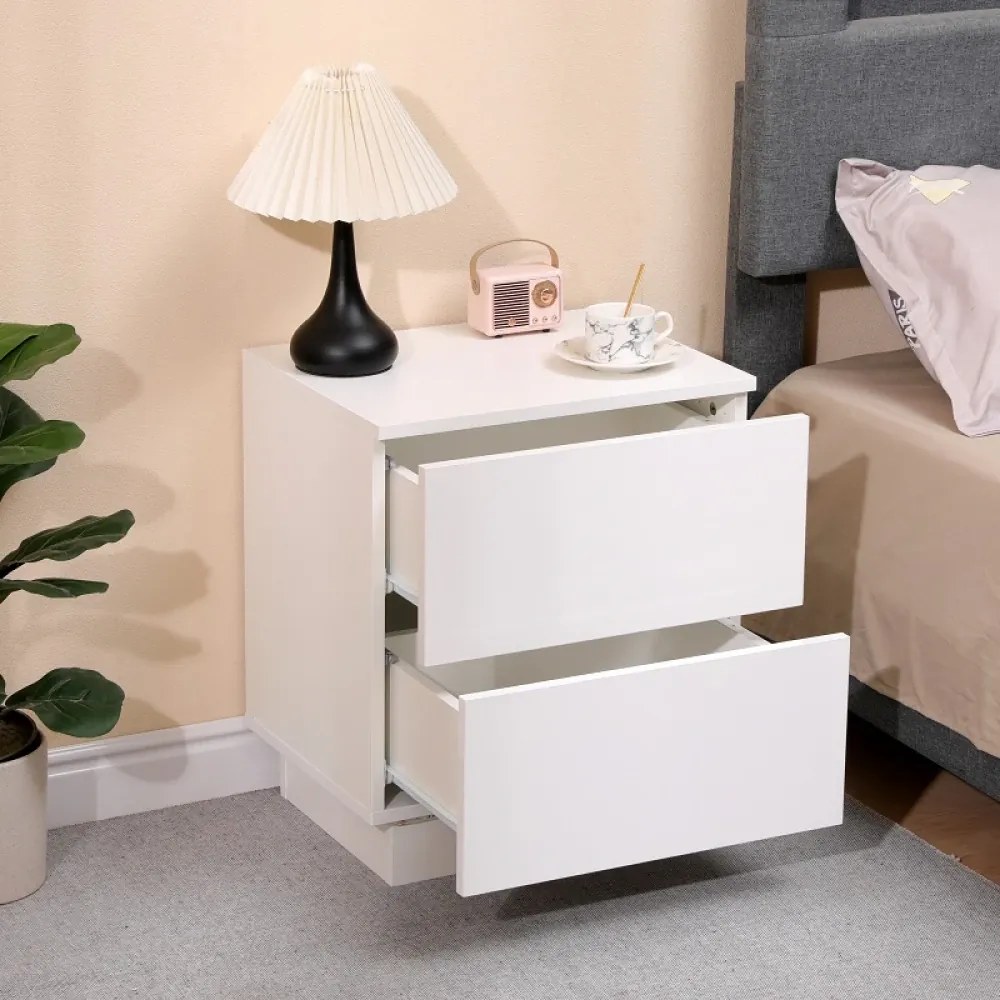 Noptieră cu 2 sertare, iluminare LED, telecomanda, Alb, 45x35x52 cm