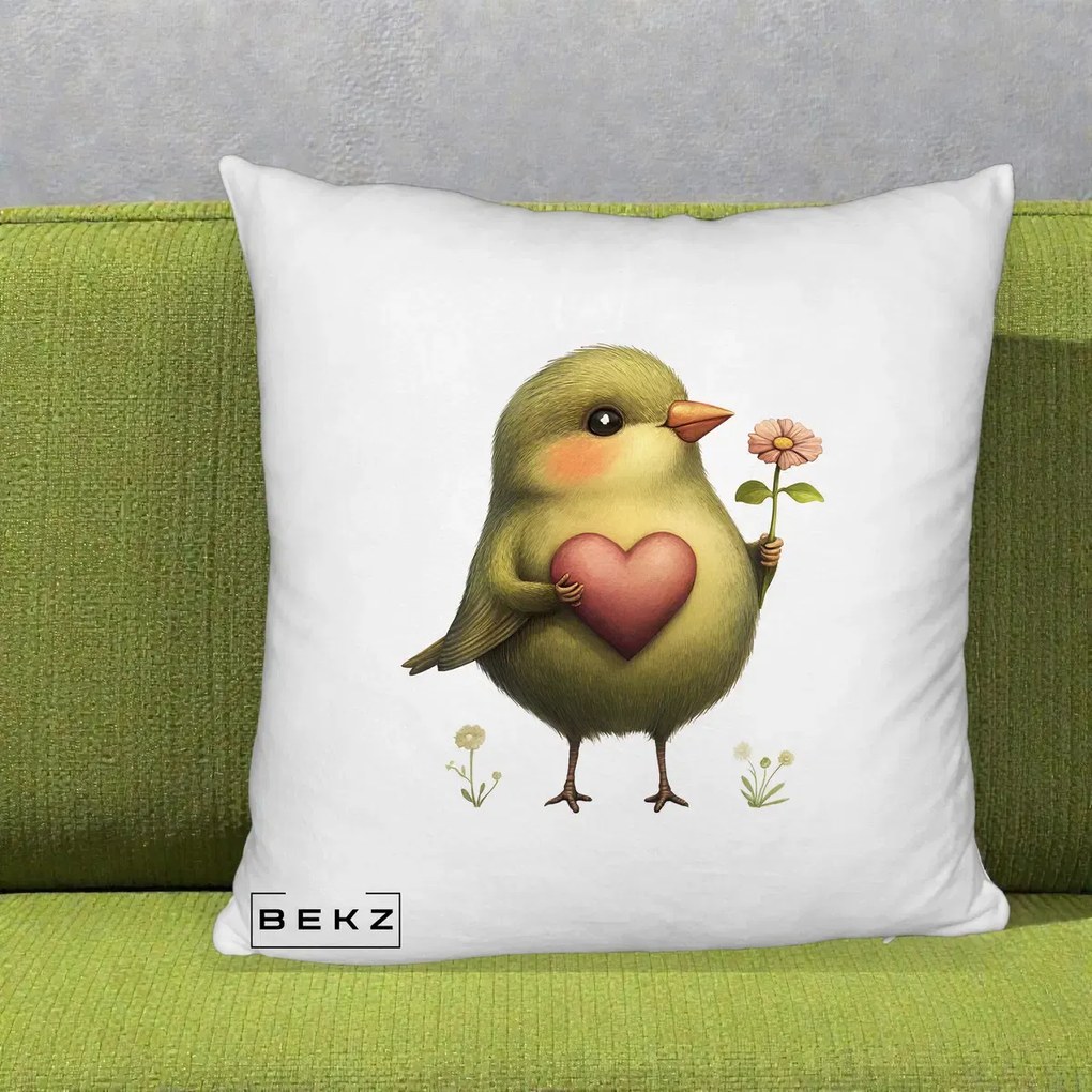 Perna Decorativa Pasare Verde cu Inima si Floare, 40x40 cm, Alb Pufos, Husa Detasabila, Perna Inclusa, BEKZ®