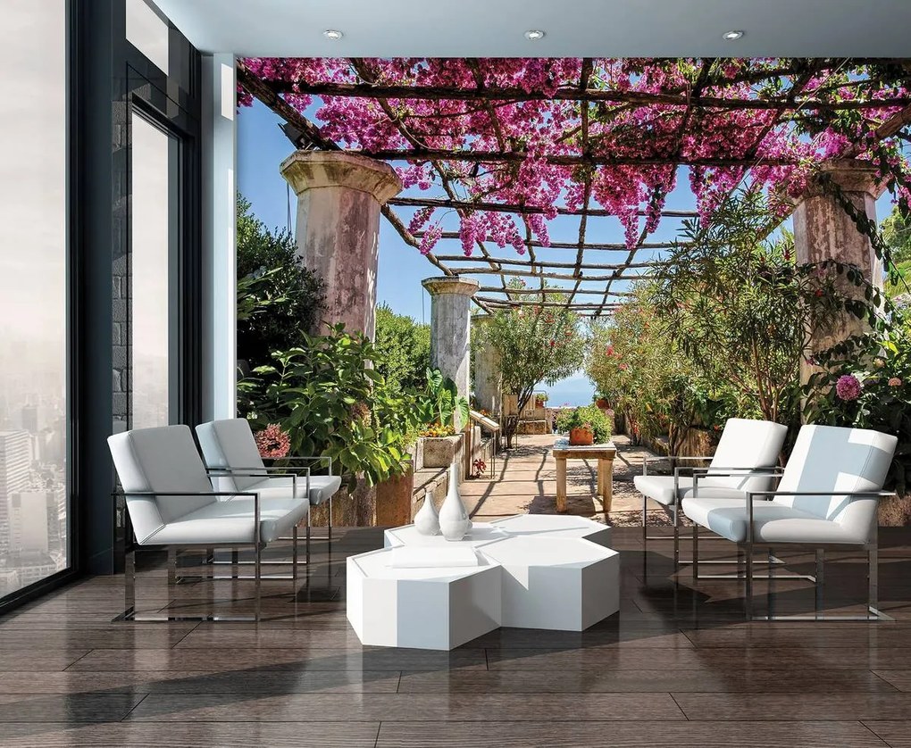 Fototapet - Terasa cu pergola cu flori (254x184 cm)