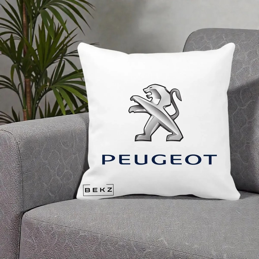 Perna Personalizata cu emblema Peugeot, 40x40 cm, Alba Mata, Husa Detasabila, Perna Inclusa, BEKZ®