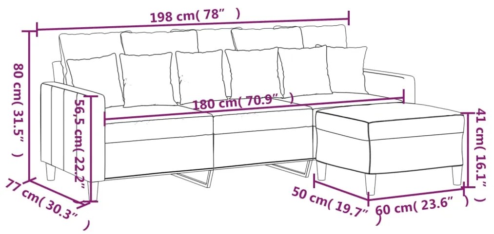 Canapea cu 3 locuri si taburet, gri deschis, 180 cm, catifea Gri deschis, 198 x 77 x 80 cm