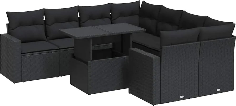 vidaXL Set mobilier de grădină cu perne, 9 piese, negru, poliratan