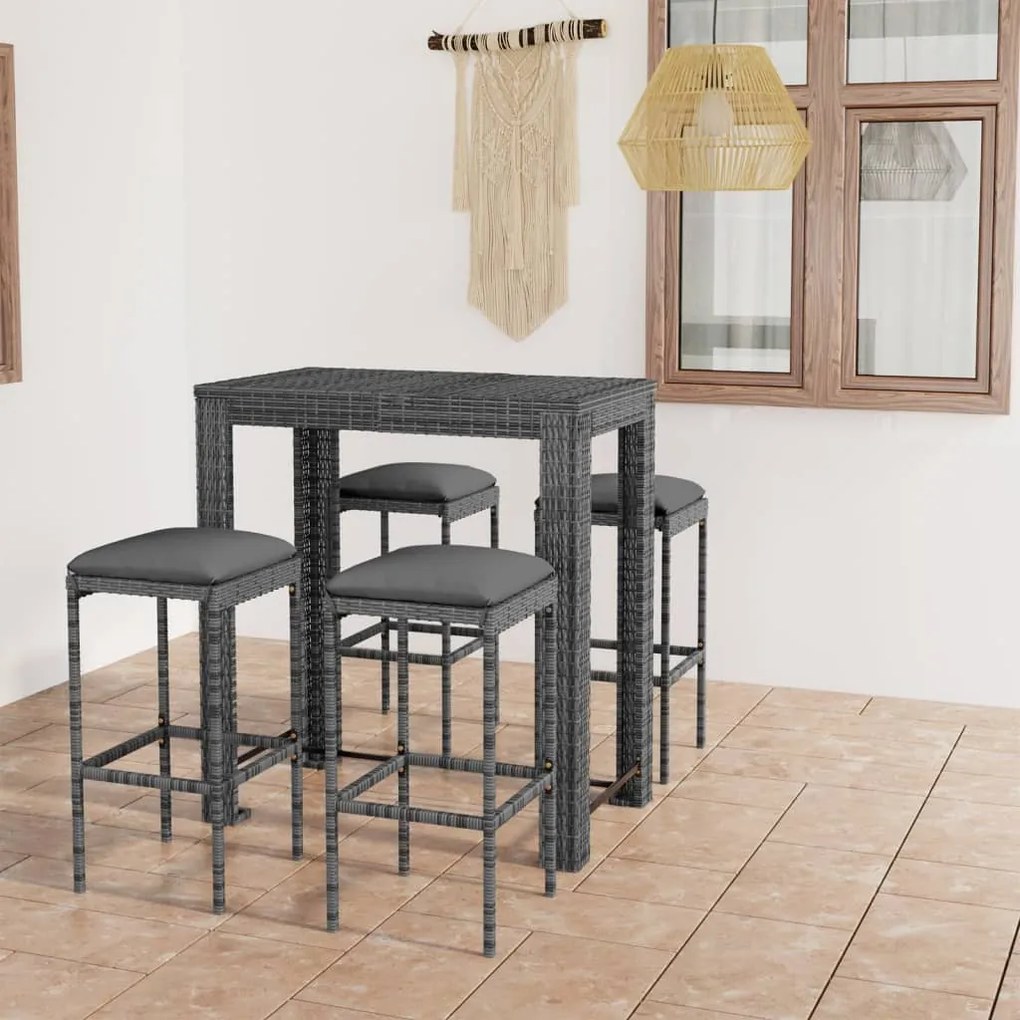 Set mobilier bar de gradina cu perne, 5 piese, gri, poliratan