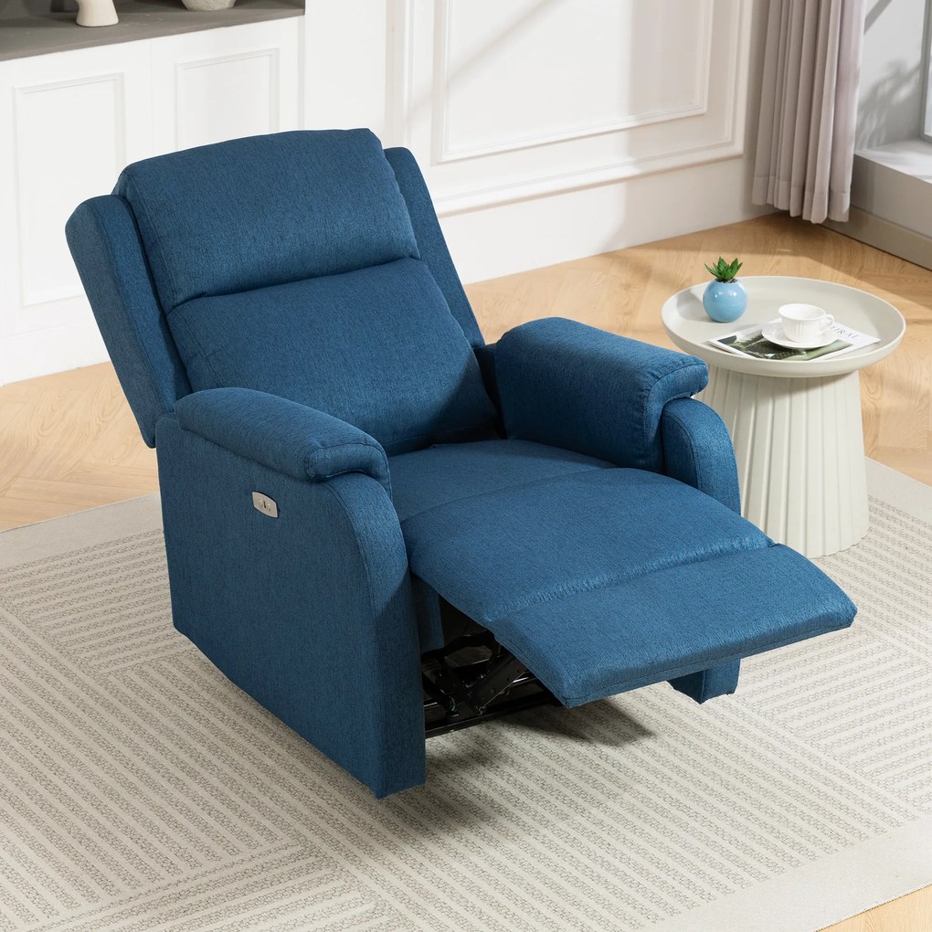 HOMCOM Fotoliu Relax Electric Reclinabil 150° cu Suport pentru Picioare și Port USB, Fotoliu Reclinabil Electric cu Cotiere Largi, Material cu Aspect de In, pentru Living, Dormitor, Albastru | Aosom Romania