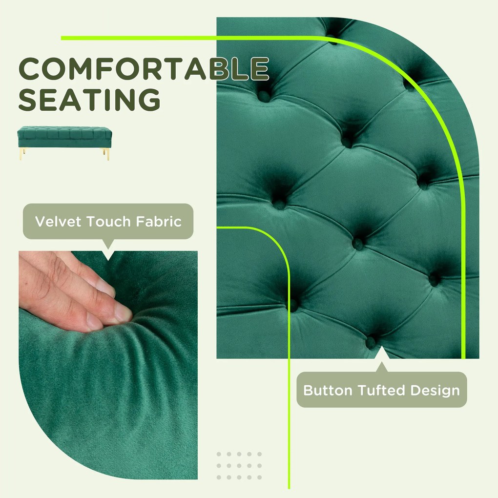 HOMCOM Bancă Hol, cu Husă Capitonată din Catifea cu Picioare Metalice pentru intrare, dormitor sau sufragerie, 118x45x42 cm, Verde | Aosom Romania