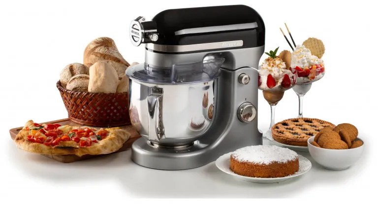 Mixer planetar Ariete MODERNA 1589/02, 3200W, 5.5 L, 11 viteze, Carcasa aluminiu, Accesorii, Negru/Inox