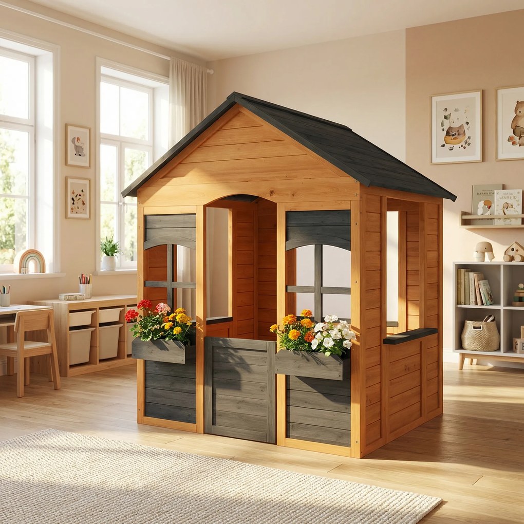 AIYAPLAY Căsuță din Lemn Copii cu Jardiniere, pentru Joacă Exterior/Interior, Vârsta 3-8, Maro | Aosom Romania