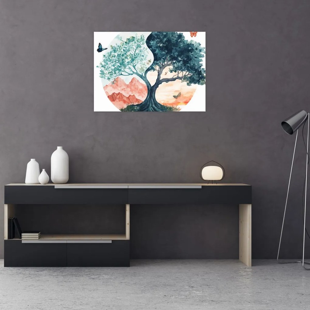 Tablou pe sticlă – Arbore acvarelă plin de viață (70x50 cm)