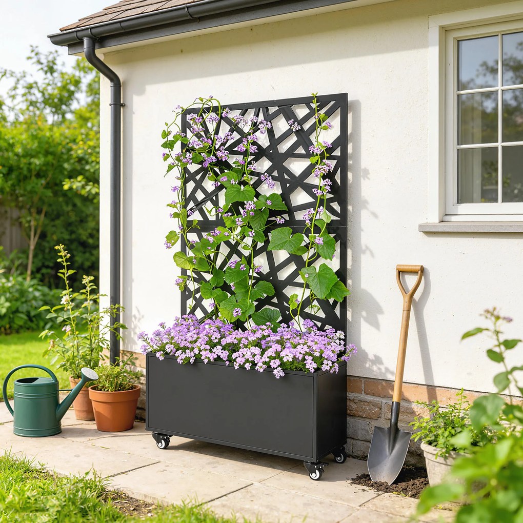 Outsunny Jardinieră pentru Grădină cu Roți și Grilaj, Jardinieră pentru Exterior cu Găuri de Drenaj din Metal, pentru Flori și Legume, pentru Grădină și Balcon, 90x30x160 cm, Negru | Aosom Romania