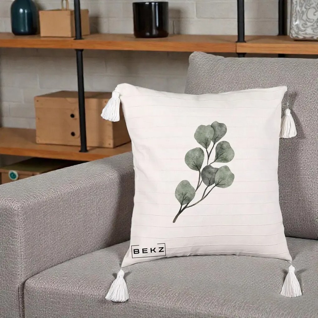 Perna Decorativa Ramura Eucalipt Acuarela, 40x40 cm, Bej cu Franjuri, Husa Detasabila, Perna Inclusa, BEKZ®