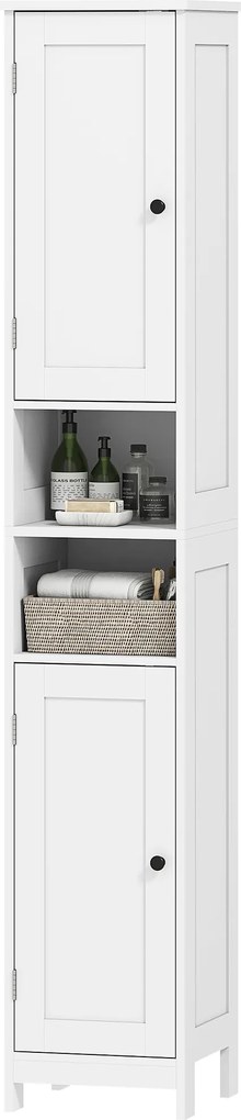 HOMCOM Dulap înalt și îngust pentru baie cu uși, rafturi deschise, 30 x 30 x 170 cm, Alb | Aosom Romania