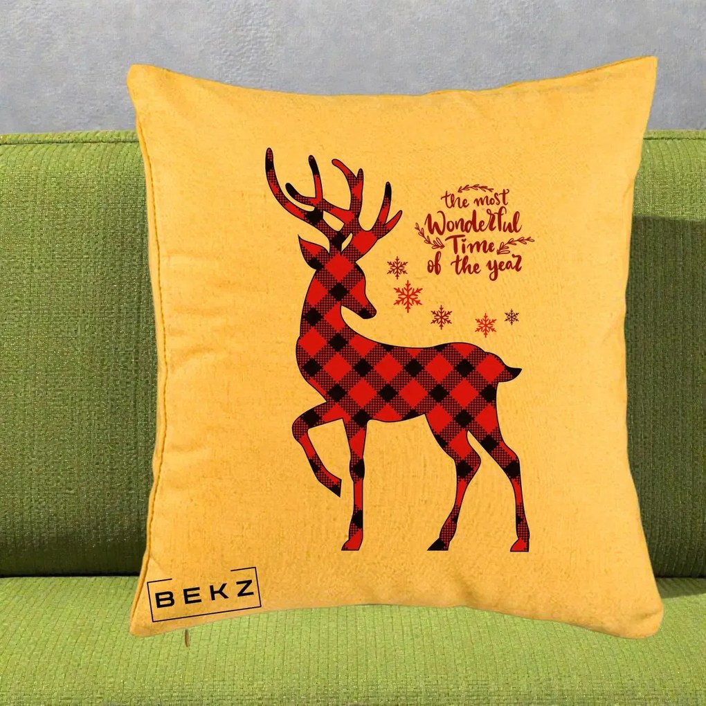 Perna Decorativa Ren Buffalo Plaid Craciun, 40x40 cm, Galben, Husa Detasabila, Perna Inclusa, BEKZ®