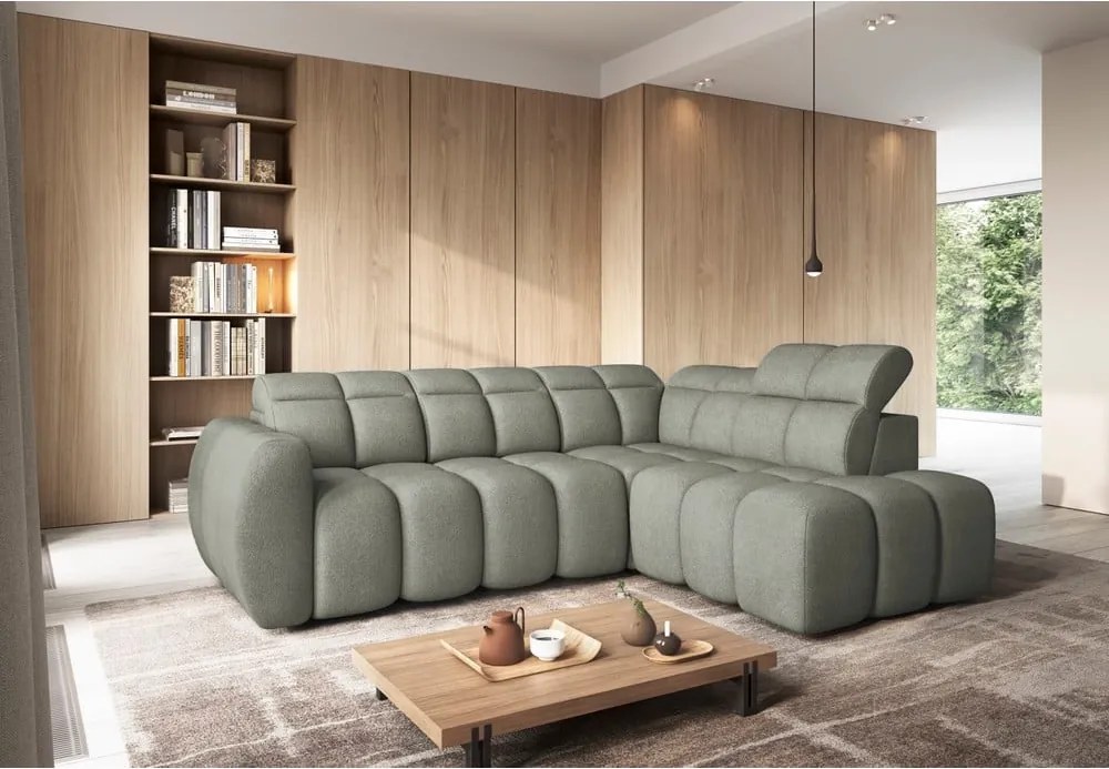 Colțar verde prăfuit extensibil/cu spațiu de depozitare cu tapițerie din țesătură bouclé (cu colț pe partea dreaptă/în formă de ”L”) Falconn – ELTAP