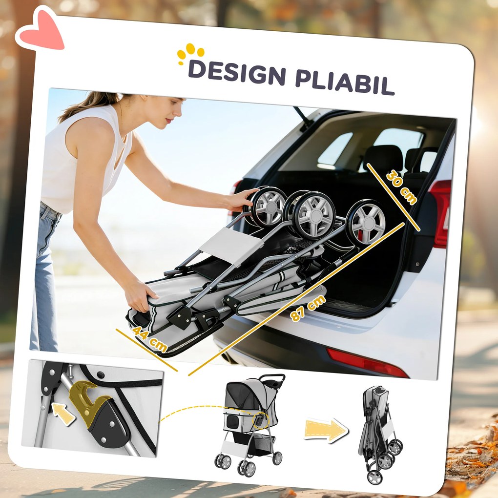 PawHut Cărucior pentru Câini de Talie Mică Pliabil, cu Roți Pivotante 360°, Coș de Depozitare, Pernă Lavabilă, Gri | Aosom Romania
