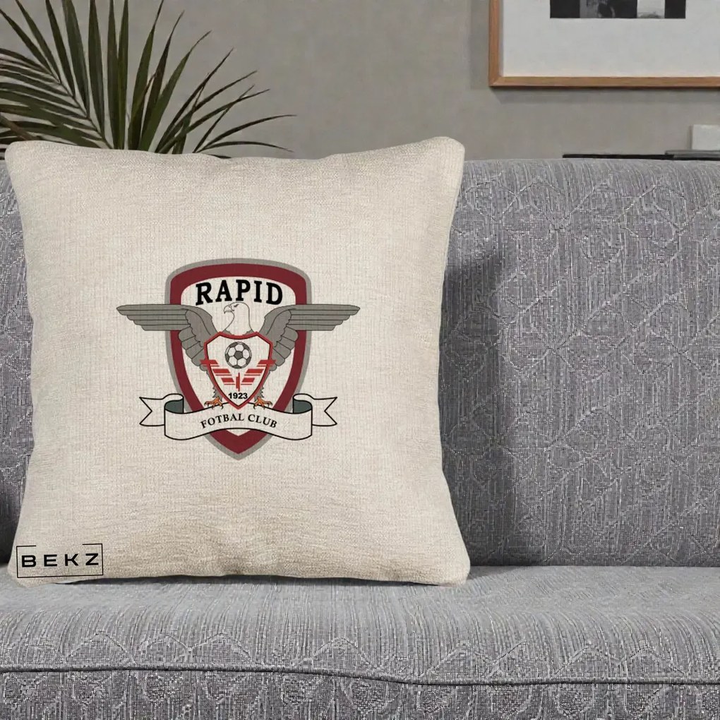 Perna Personalizata Rapid Fotbal Club 1923, 40x40 cm, Bej Canapea, Husa Detasabila, Perna Inclusa, BEKZ®