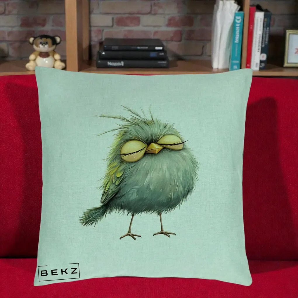 Perna Decorativa Pasare Teal Adormita cu Ochi Galbeni, 40x40 cm, Verde Menta, Husa Detasabila, Perna Inclusa, BEKZ®