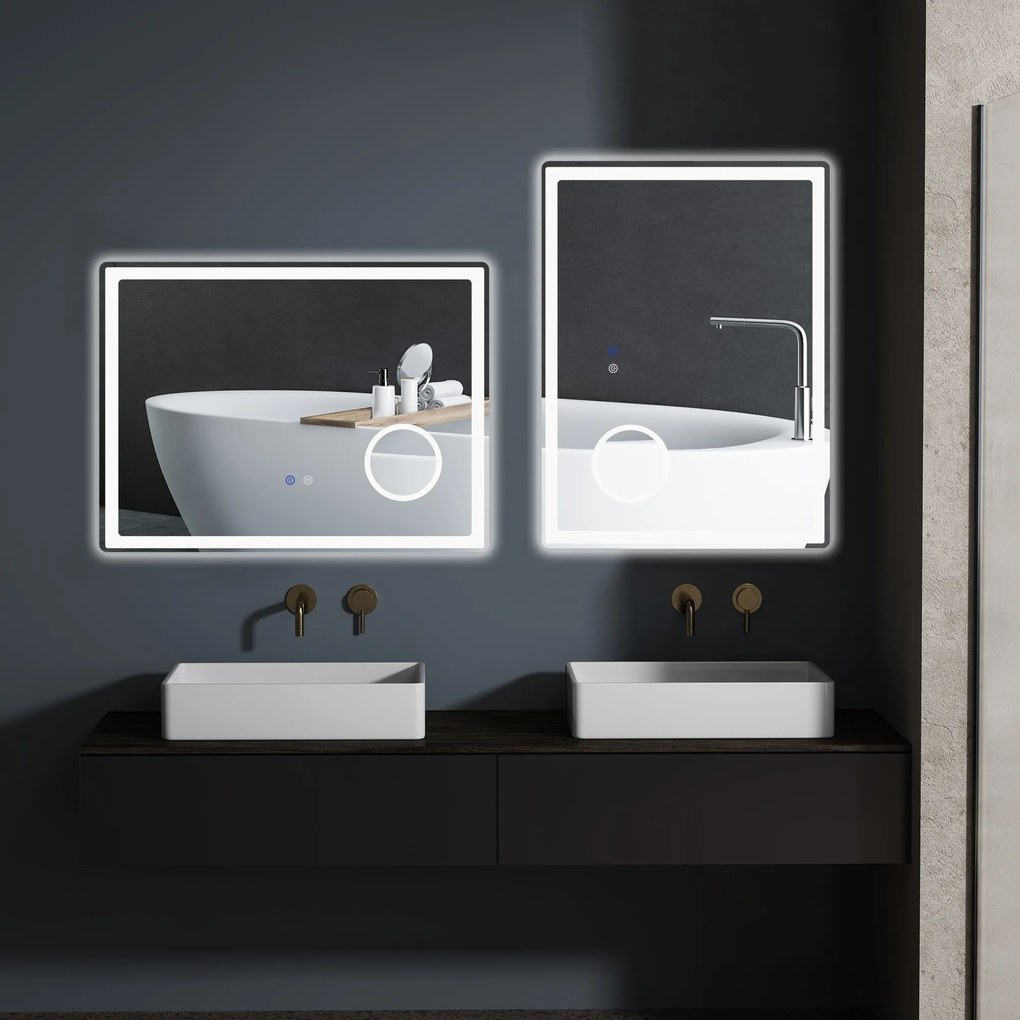 kleankin Oglindă de baie rectangulară cu LED, funcție antiabur, luminozitate reglabilă, oglindă cu zoom x3 80 x 60 cm transparent | Aosom Romania