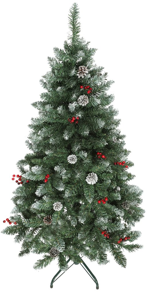 HOMCOM Brad de Crăciun Înnzăpezit Înalt de 150 cm cu 398 Ramuri, Brad Artificial de Interior cu Conuri și Boabe Roșii Decorative, Bază Metalică, Verde | Aosom Romania