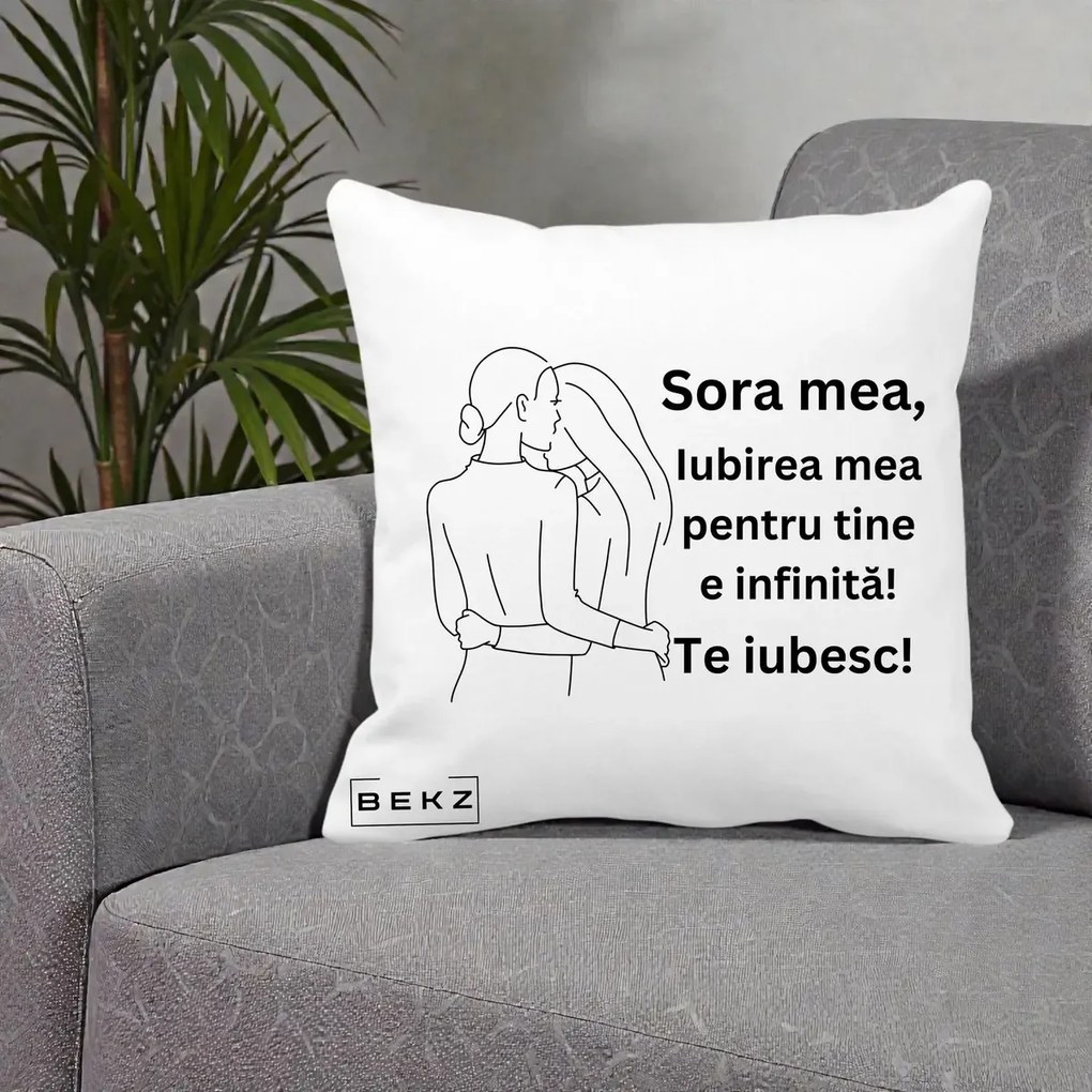 Cadou pentru Sora - Perna Personalizata Sora Mea Te Iubesc Imbratisare din Spate Line Art, 40x40 cm, Alba Mata, Husa Detasabila, Perna Inclusa, BEKZ®