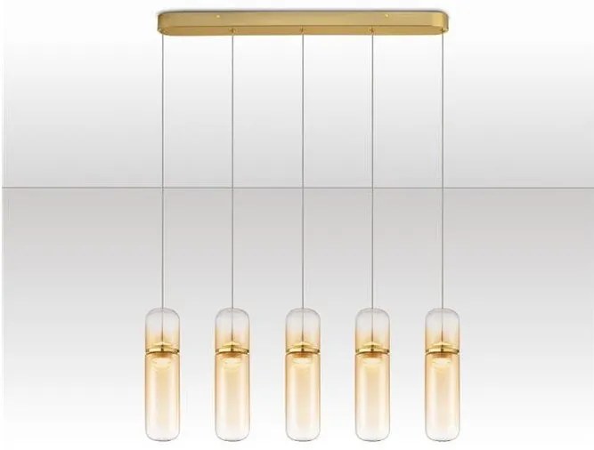 Lustra moderna cu 5 pendule LED, Metal, Auriu, Sticla, Amber, Norma