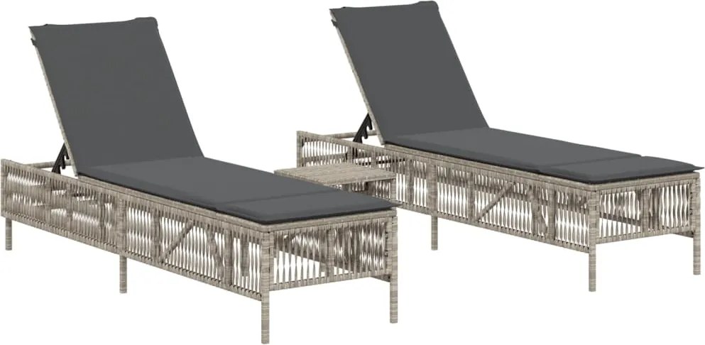 vidaXL Șezlonguri, 2 buc., cu masă, gri deschis, poliratan
