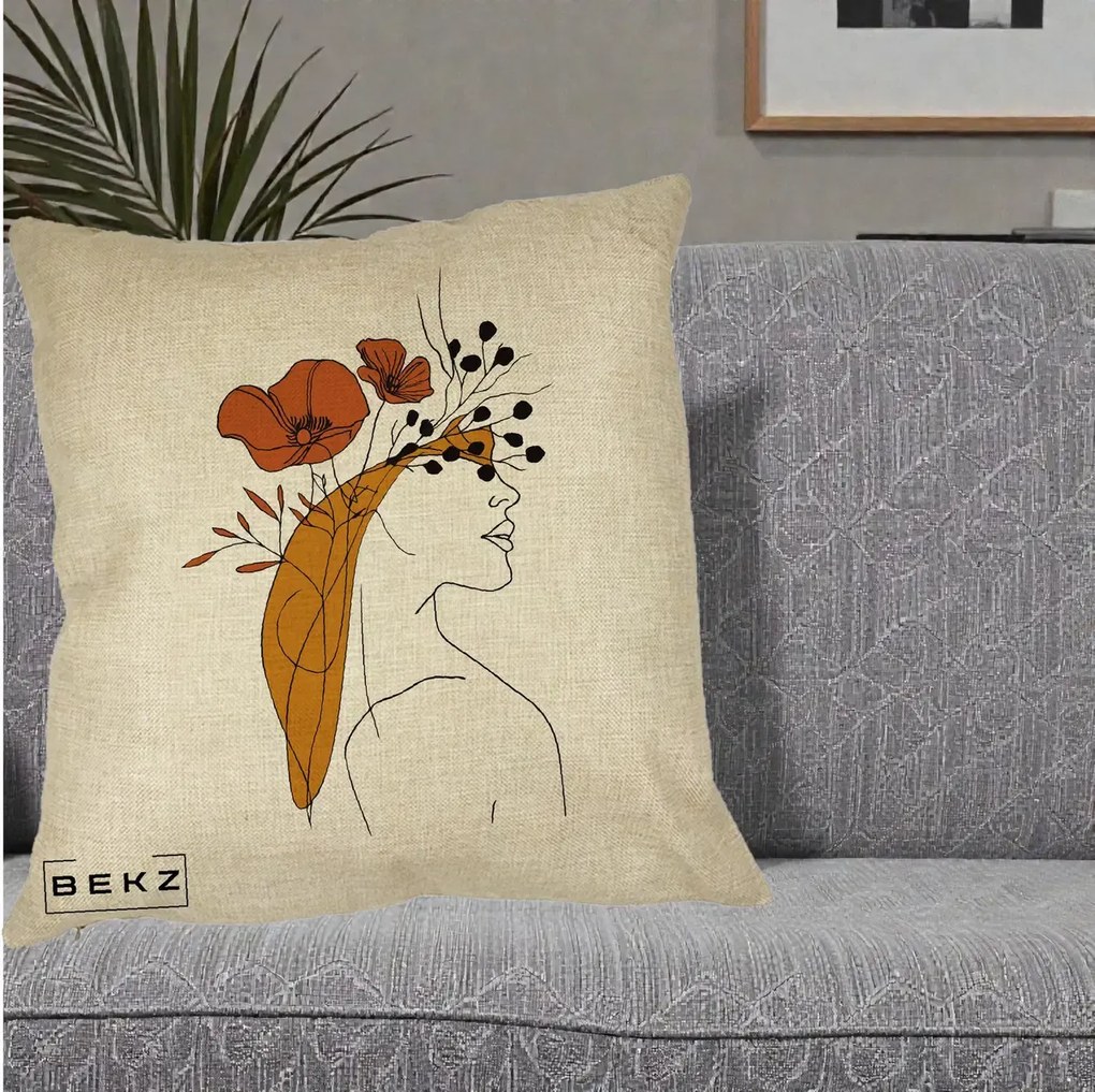 Perna Decorativa Portret Feminin Maci Rosii Auriu, 40x40 cm, Crem, Husa Detasabila, Perna Inclusa, BEKZ®