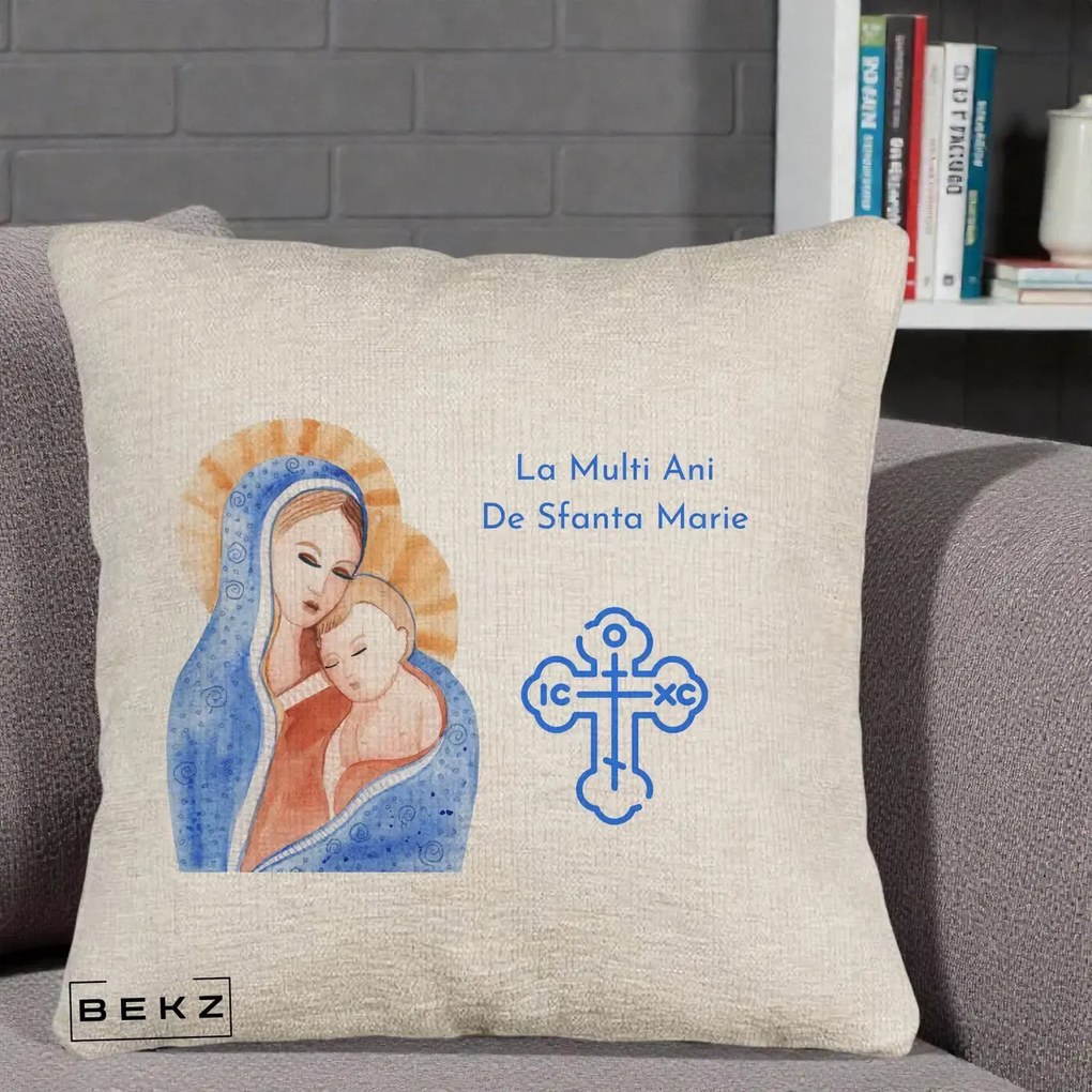 Cadou de Onomastica - Perna Personalizata Sfanta Marie Icoana Acuarela, 40x40 cm, Bej Canapea, Husa Detasabila, Perna Inclusa, BEKZ®