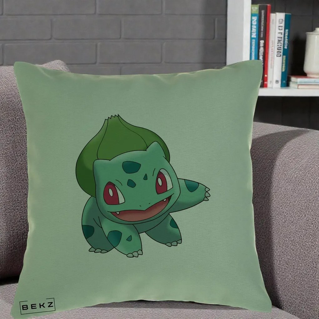 Perna Personalizata Bulbasaur Pokemon, 40x40 cm, Verde, Husa Detasabila, Perna Inclusa, BEKZ®