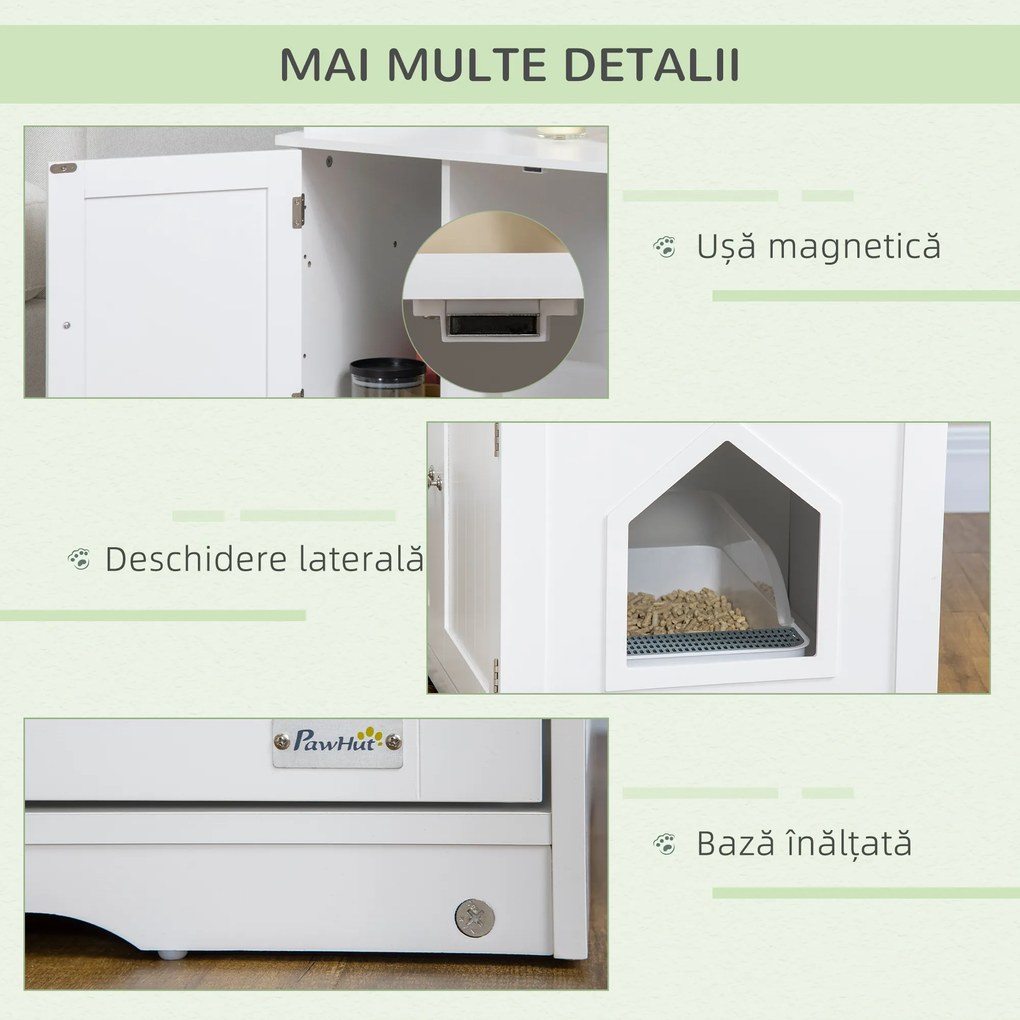PawHut Mobilier Acoperit pentru Litieră cu Separator Interior Reglabil, Intrare Laterală și 2 Uși, 86x48x52 cm, Alb | Aosom Romania