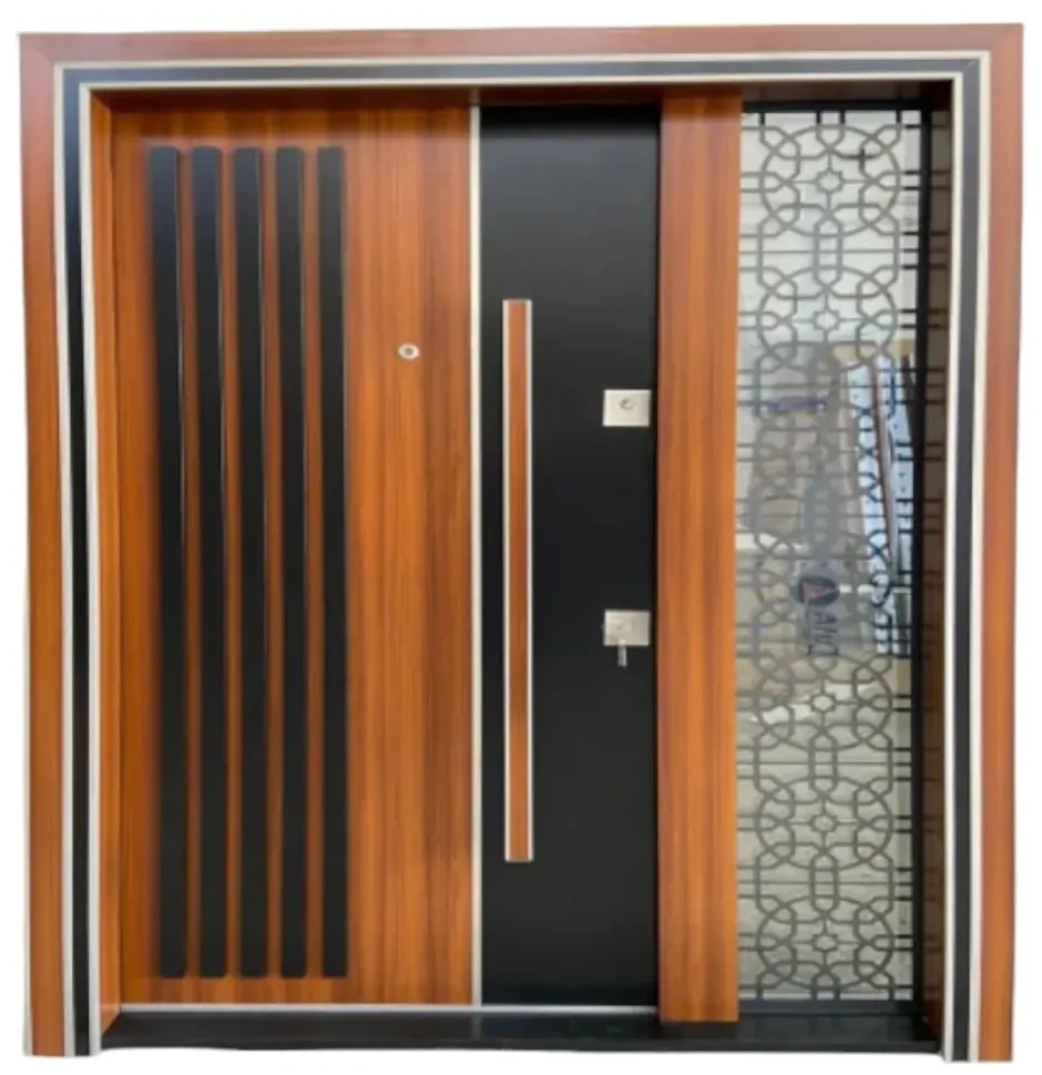 Usa metalica dubla de exterior cu izolatie si vizor Novo Doors NDS1000, Din compozit, 2 yale, Kit complet, Pentru case (Culoare: Nuc, Dimensiune: 140