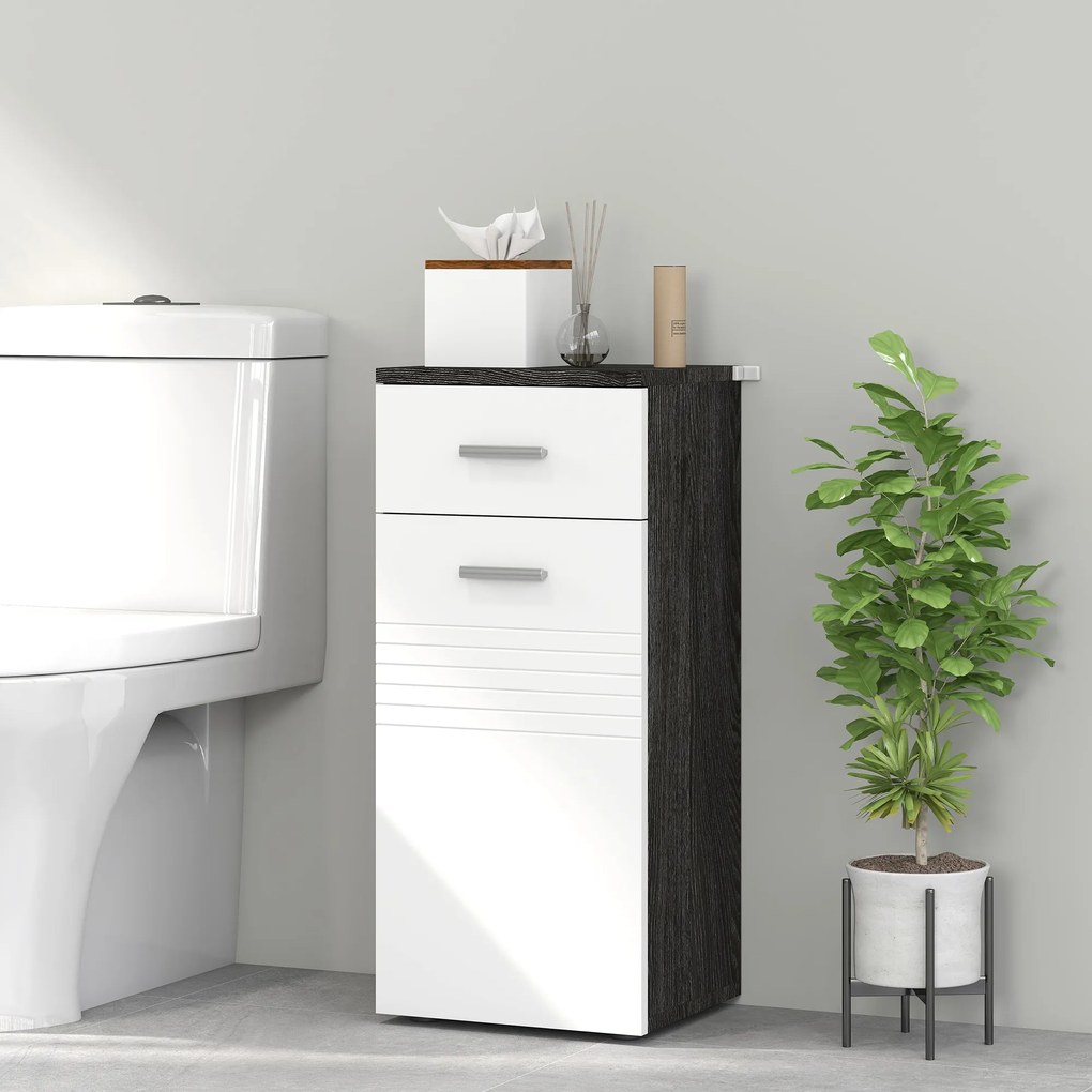 kleankin Dulap Baie din Lemn cu Sertar și Rafturi, Design Alb și Negru | Aosom Romania