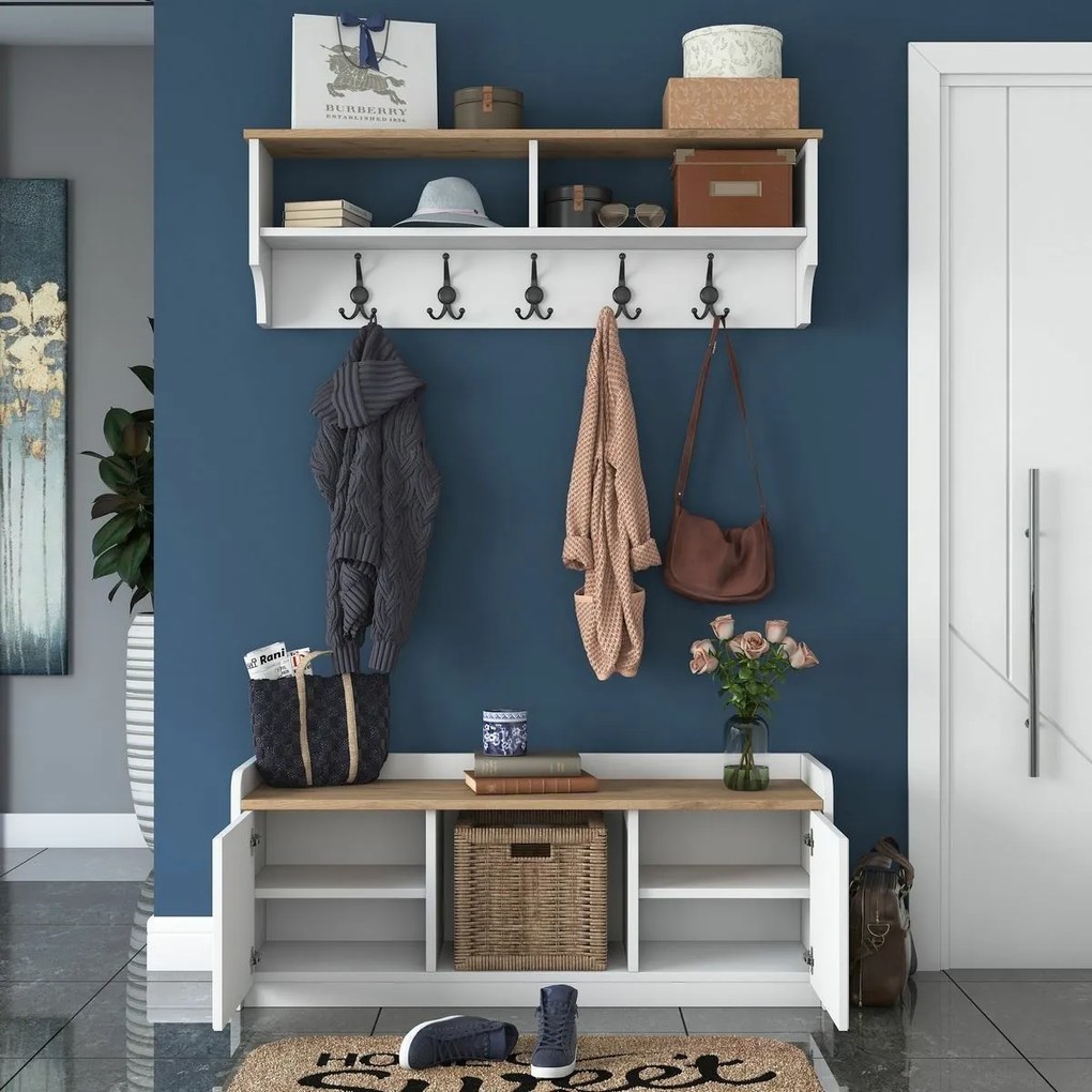 Cuier de perete cu dulap de pantofi Polo White and Walnut