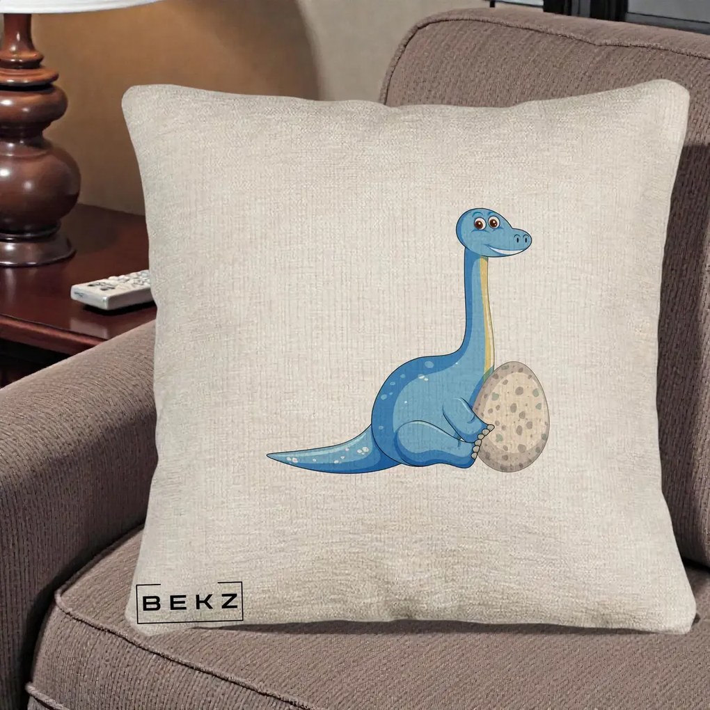 Perna Decorativa Brontosaur cu Ou, 40x40 cm, Bej Canapea, Husa Detasabila, Perna Inclusa, BEKZ®