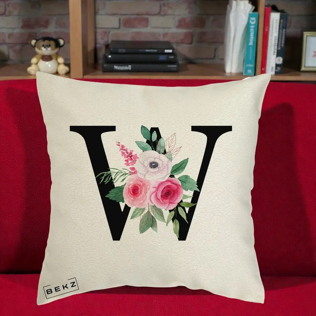 Cadou Personalizat - Perna Personalizata Monograma Florala Litera W cu Trandafiri si Anemona, 40x40 cm, Ecru, Husa Detasabila, Perna Inclusa, BEKZ®