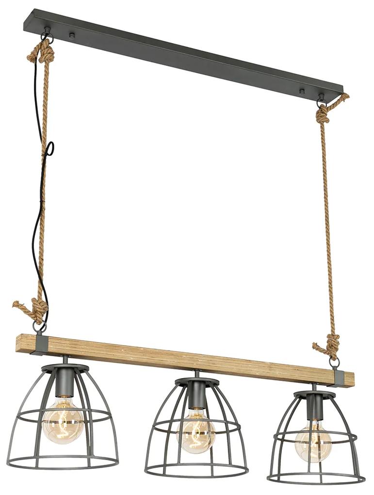 Lampă industrială suspendată din lemn cu 3 lumini gri închis - Arthur