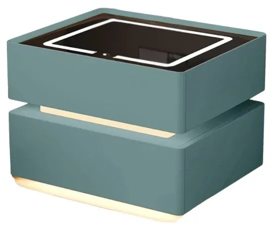 Noptieră inteligentă cu &icirc;ncărcare wireless, iluminare LED, 2 sertare de depozitare &ndash; verde, design modern din sticlă și lemn